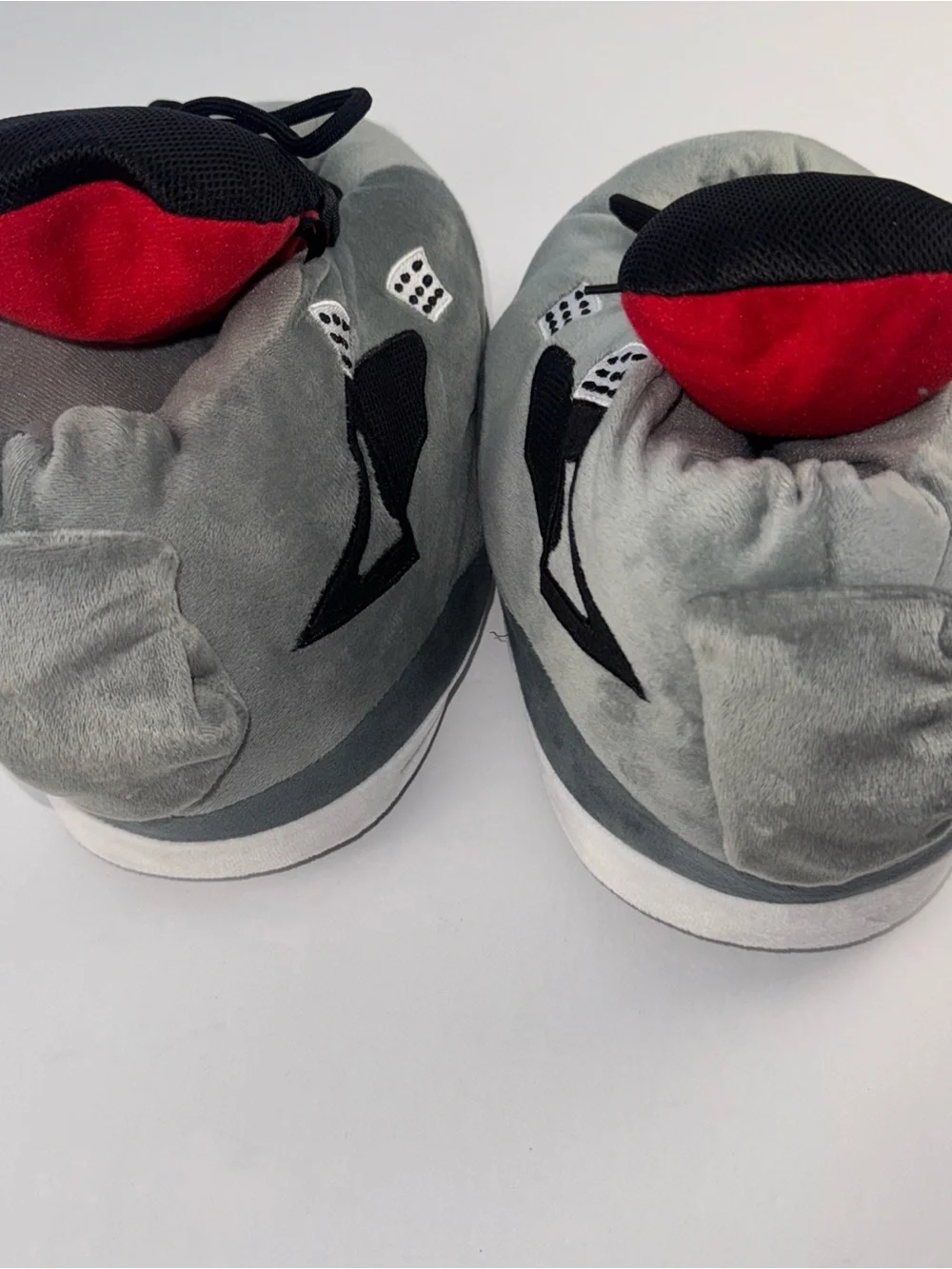 Gray and Black Plush Sneaker Slippers with Red Accent